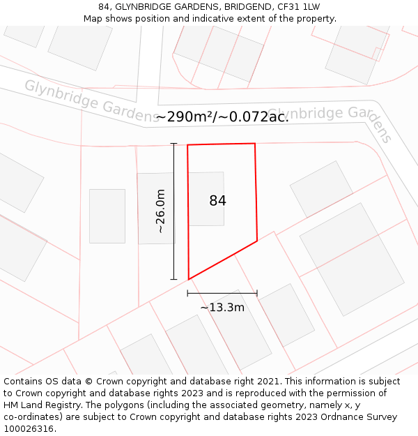 84, GLYNBRIDGE GARDENS, BRIDGEND, CF31 1LW: Plot and title map