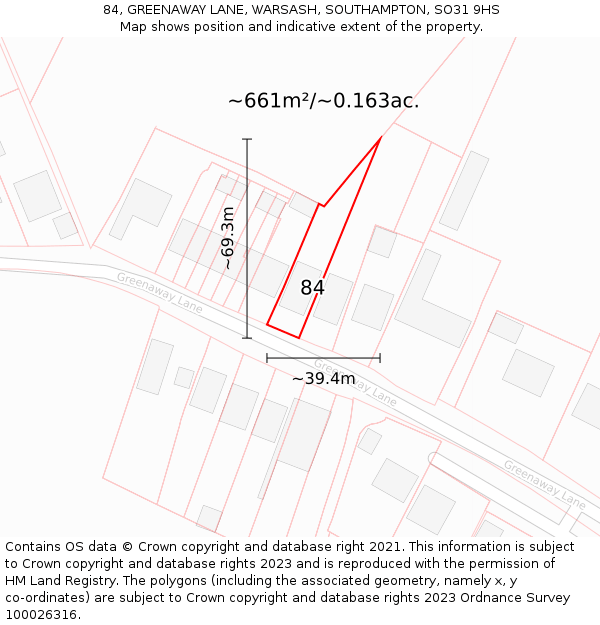 84, GREENAWAY LANE, WARSASH, SOUTHAMPTON, SO31 9HS: Plot and title map