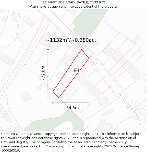 84, HASTINGS ROAD, BATTLE, TN33 0TQ: Plot and title map