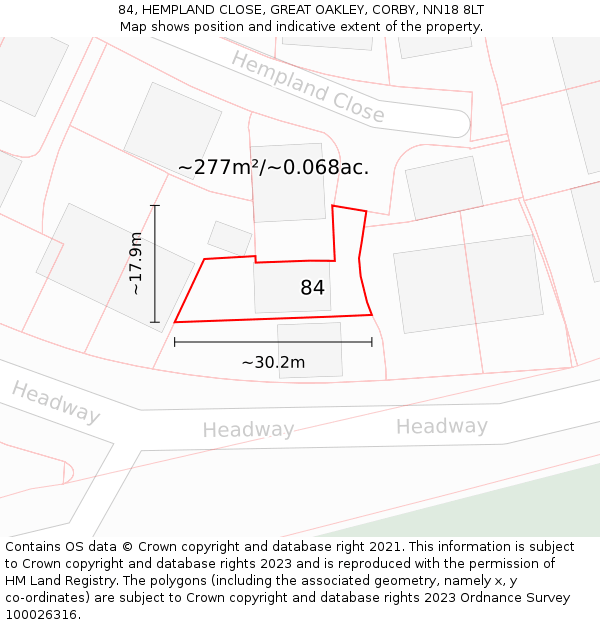 84, HEMPLAND CLOSE, GREAT OAKLEY, CORBY, NN18 8LT: Plot and title map