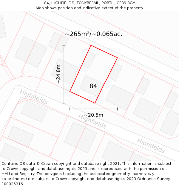 84, HIGHFIELDS, TONYREFAIL, PORTH, CF39 8GA: Plot and title map