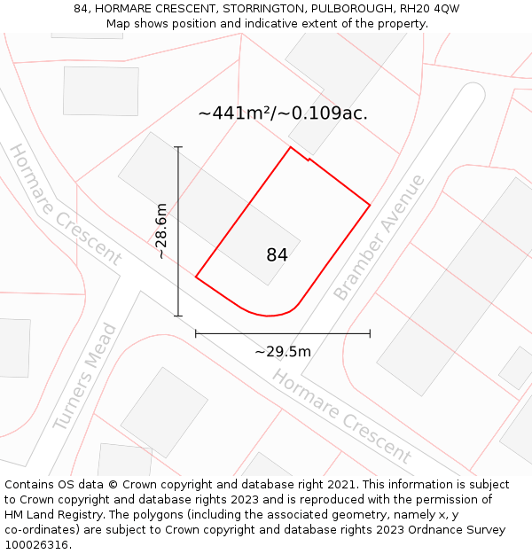 84, HORMARE CRESCENT, STORRINGTON, PULBOROUGH, RH20 4QW: Plot and title map