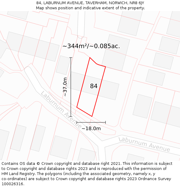 84, LABURNUM AVENUE, TAVERHAM, NORWICH, NR8 6JY: Plot and title map