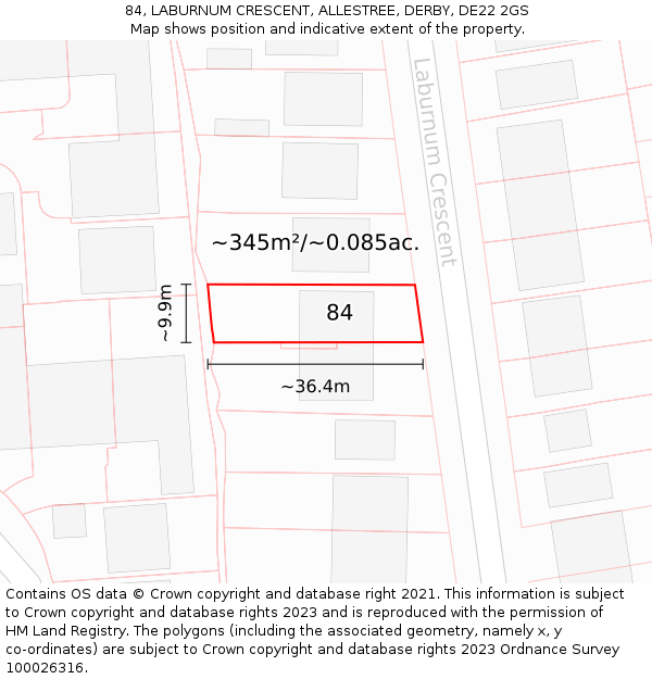 84, LABURNUM CRESCENT, ALLESTREE, DERBY, DE22 2GS: Plot and title map