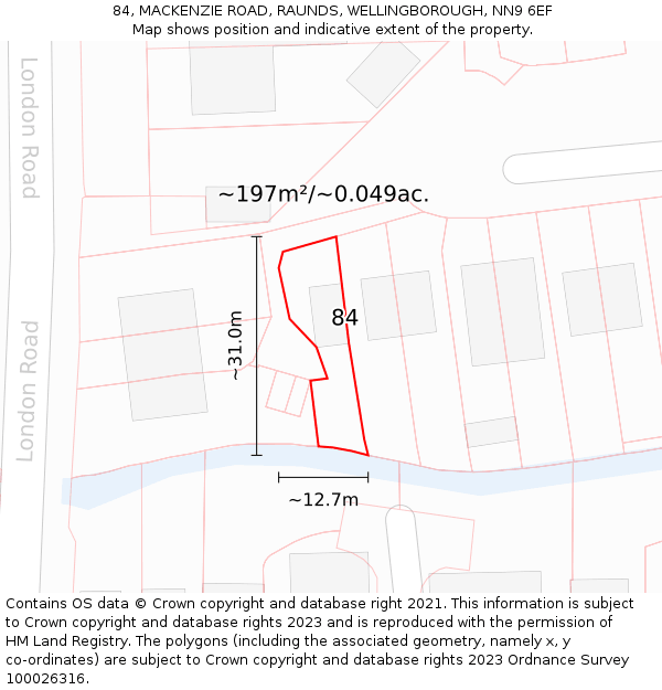 84, MACKENZIE ROAD, RAUNDS, WELLINGBOROUGH, NN9 6EF: Plot and title map