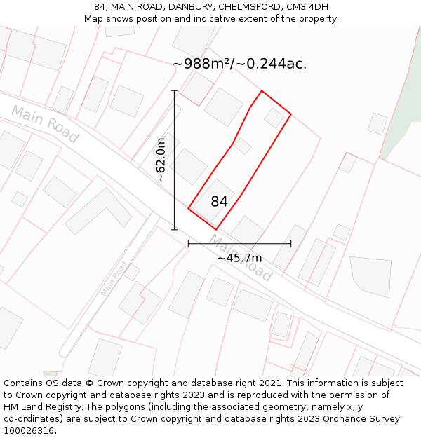 84, MAIN ROAD, DANBURY, CHELMSFORD, CM3 4DH: Plot and title map