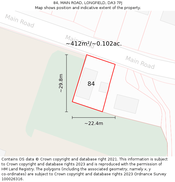 84, MAIN ROAD, LONGFIELD, DA3 7PJ: Plot and title map