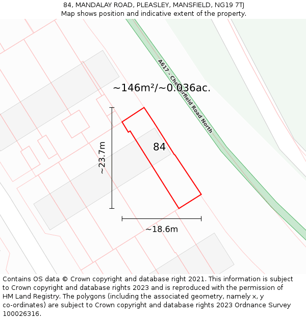 84, MANDALAY ROAD, PLEASLEY, MANSFIELD, NG19 7TJ: Plot and title map