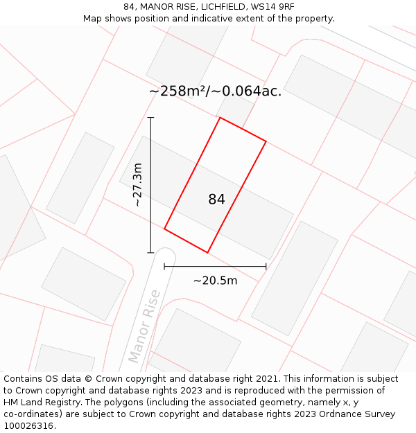 84, MANOR RISE, LICHFIELD, WS14 9RF: Plot and title map