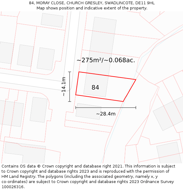 84, MORAY CLOSE, CHURCH GRESLEY, SWADLINCOTE, DE11 9HL: Plot and title map
