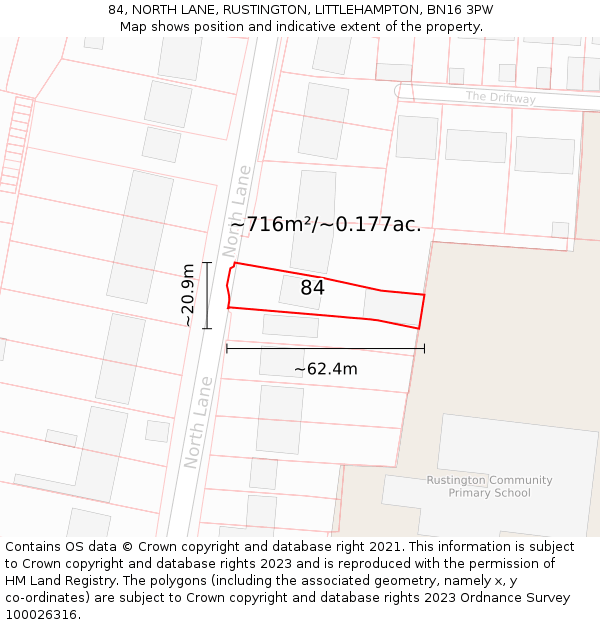84, NORTH LANE, RUSTINGTON, LITTLEHAMPTON, BN16 3PW: Plot and title map