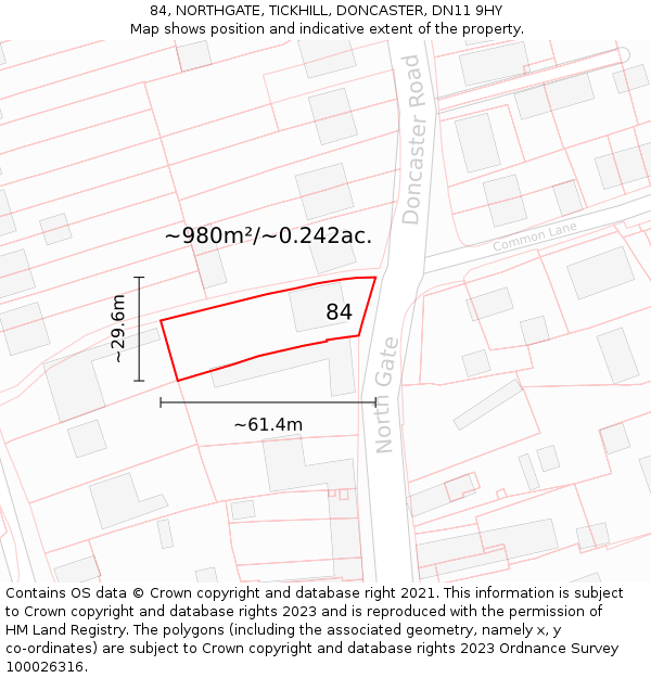 84, NORTHGATE, TICKHILL, DONCASTER, DN11 9HY: Plot and title map