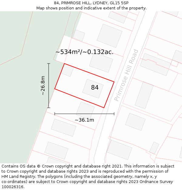 84, PRIMROSE HILL, LYDNEY, GL15 5SP: Plot and title map