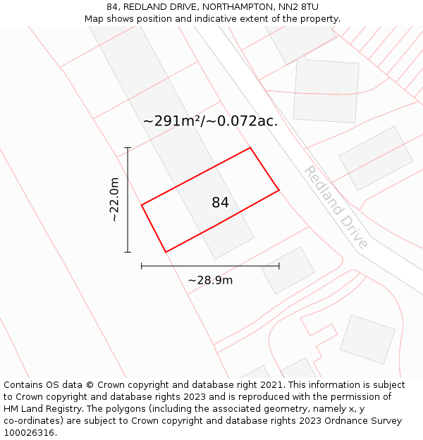 84, REDLAND DRIVE, NORTHAMPTON, NN2 8TU: Plot and title map