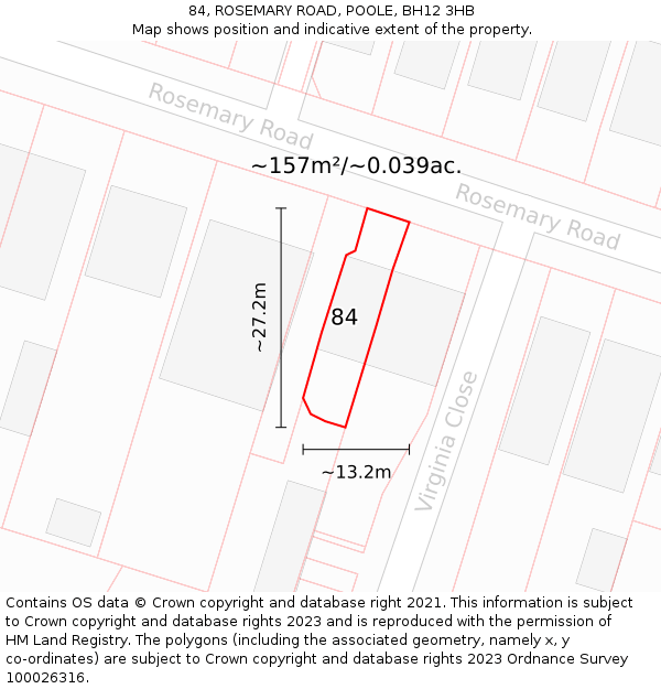 84, ROSEMARY ROAD, POOLE, BH12 3HB: Plot and title map