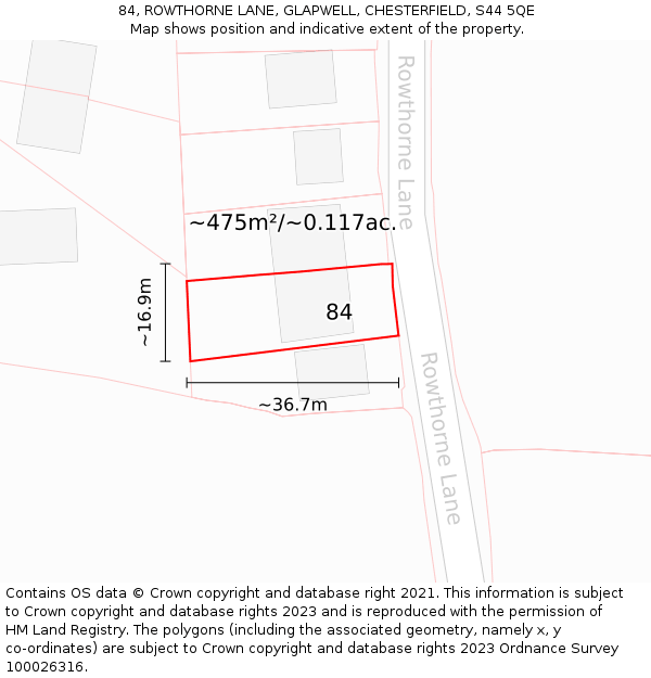 84, ROWTHORNE LANE, GLAPWELL, CHESTERFIELD, S44 5QE: Plot and title map