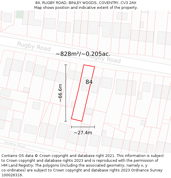 84, RUGBY ROAD, BINLEY WOODS, COVENTRY, CV3 2AX: Plot and title map