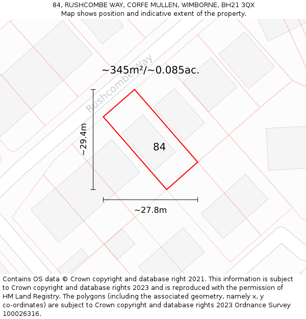 84, RUSHCOMBE WAY, CORFE MULLEN, WIMBORNE, BH21 3QX: Plot and title map