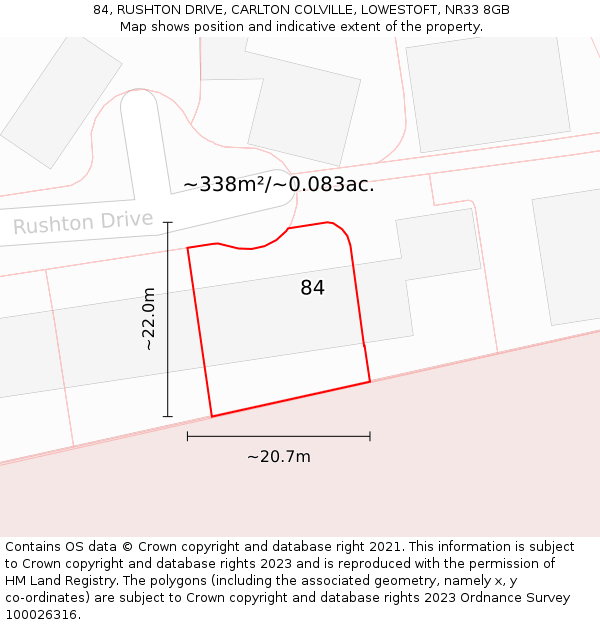 84, RUSHTON DRIVE, CARLTON COLVILLE, LOWESTOFT, NR33 8GB: Plot and title map