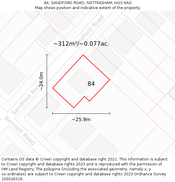 84, SANDFORD ROAD, NOTTINGHAM, NG3 6AG: Plot and title map