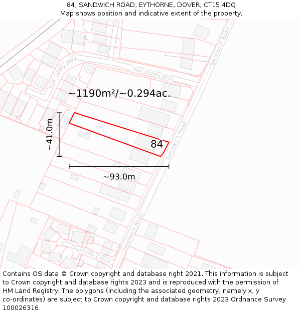 84, SANDWICH ROAD, EYTHORNE, DOVER, CT15 4DQ: Plot and title map