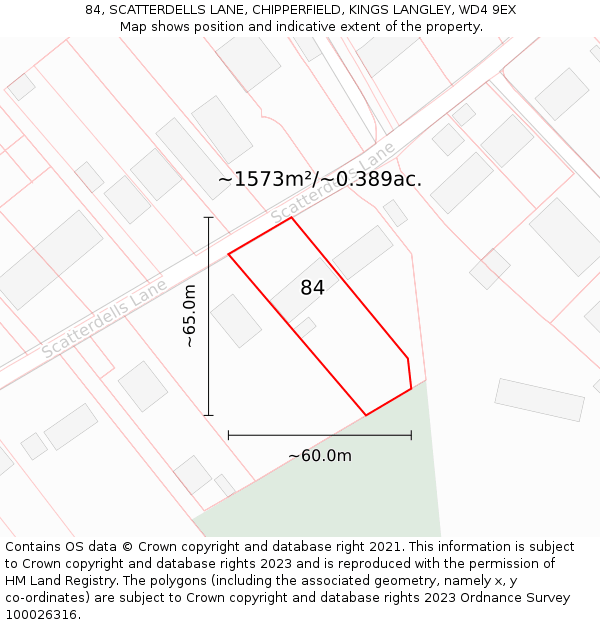 84, SCATTERDELLS LANE, CHIPPERFIELD, KINGS LANGLEY, WD4 9EX: Plot and title map