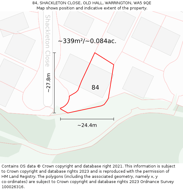 84, SHACKLETON CLOSE, OLD HALL, WARRINGTON, WA5 9QE: Plot and title map