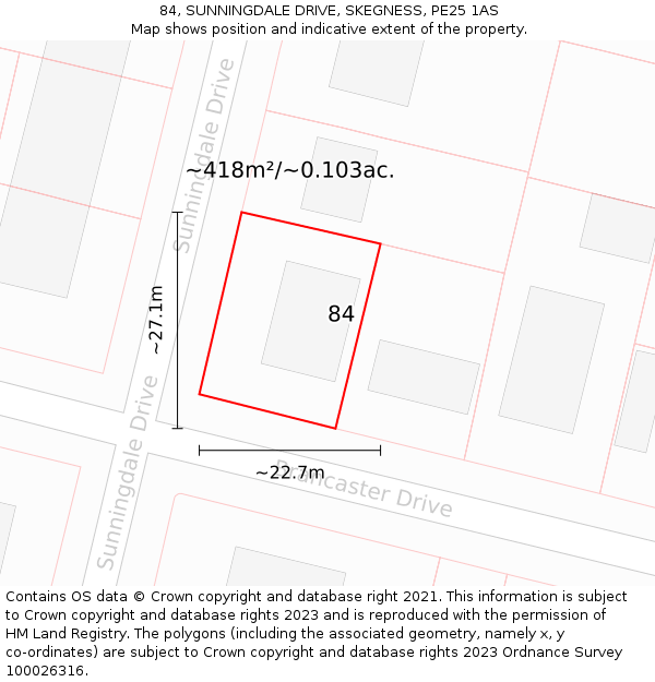 84, SUNNINGDALE DRIVE, SKEGNESS, PE25 1AS: Plot and title map