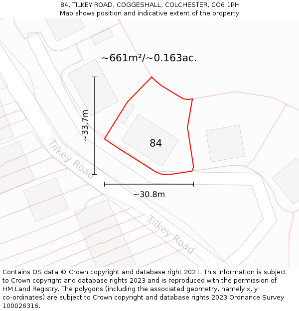 84, TILKEY ROAD, COGGESHALL, COLCHESTER, CO6 1PH: Plot and title map