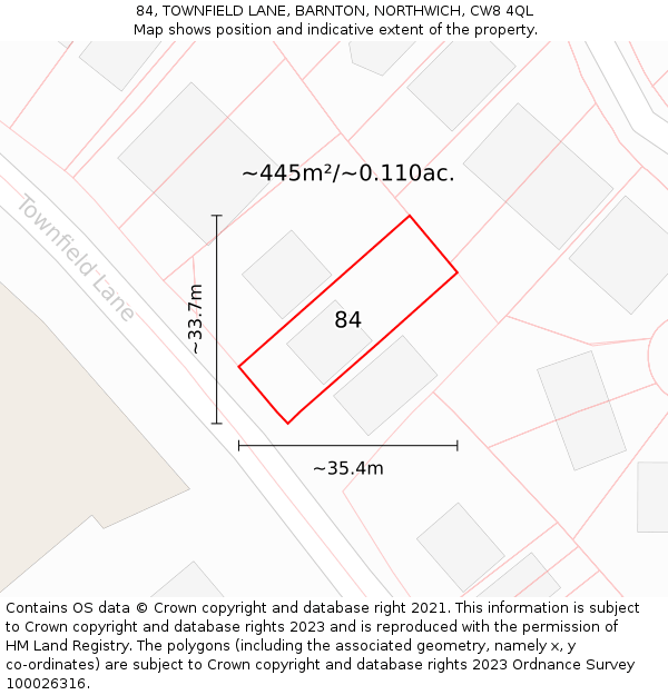 84, TOWNFIELD LANE, BARNTON, NORTHWICH, CW8 4QL: Plot and title map