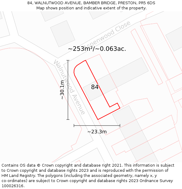 84, WALNUTWOOD AVENUE, BAMBER BRIDGE, PRESTON, PR5 6DS: Plot and title map
