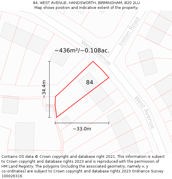 84, WEST AVENUE, HANDSWORTH, BIRMINGHAM, B20 2LU: Plot and title map