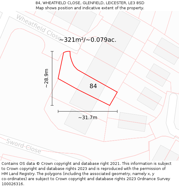 84, WHEATFIELD CLOSE, GLENFIELD, LEICESTER, LE3 8SD: Plot and title map