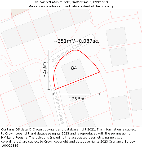 84, WOODLAND CLOSE, BARNSTAPLE, EX32 0EG: Plot and title map