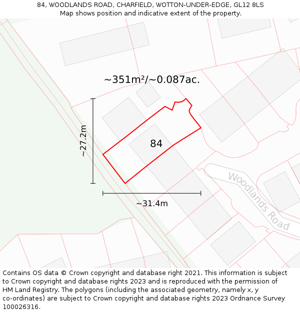 84, WOODLANDS ROAD, CHARFIELD, WOTTON-UNDER-EDGE, GL12 8LS: Plot and title map