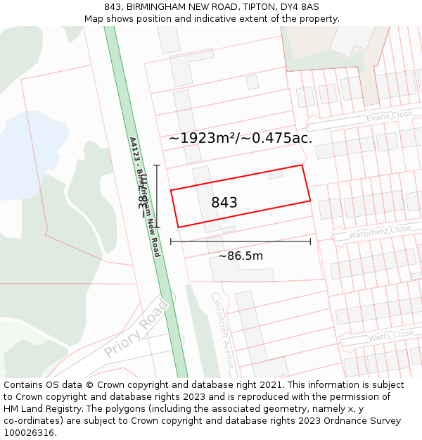 843, BIRMINGHAM NEW ROAD, TIPTON, DY4 8AS: Plot and title map