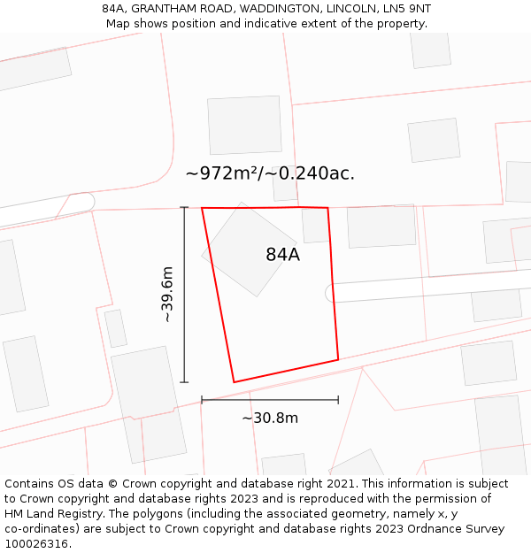 84A, GRANTHAM ROAD, WADDINGTON, LINCOLN, LN5 9NT: Plot and title map