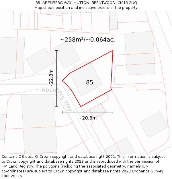 85, ABENBERG WAY, HUTTON, BRENTWOOD, CM13 2UQ: Plot and title map