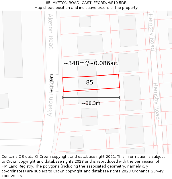 85, AKETON ROAD, CASTLEFORD, WF10 5DR: Plot and title map