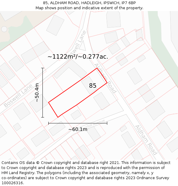 85, ALDHAM ROAD, HADLEIGH, IPSWICH, IP7 6BP: Plot and title map
