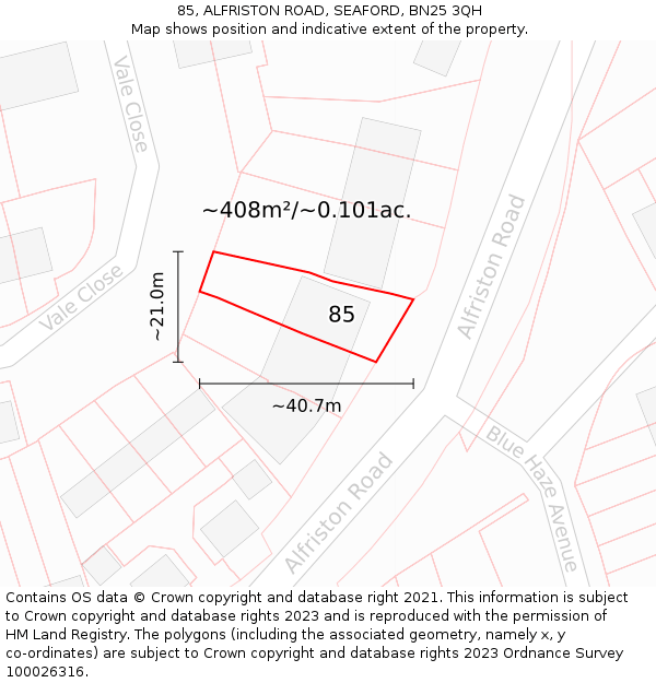 85, ALFRISTON ROAD, SEAFORD, BN25 3QH: Plot and title map
