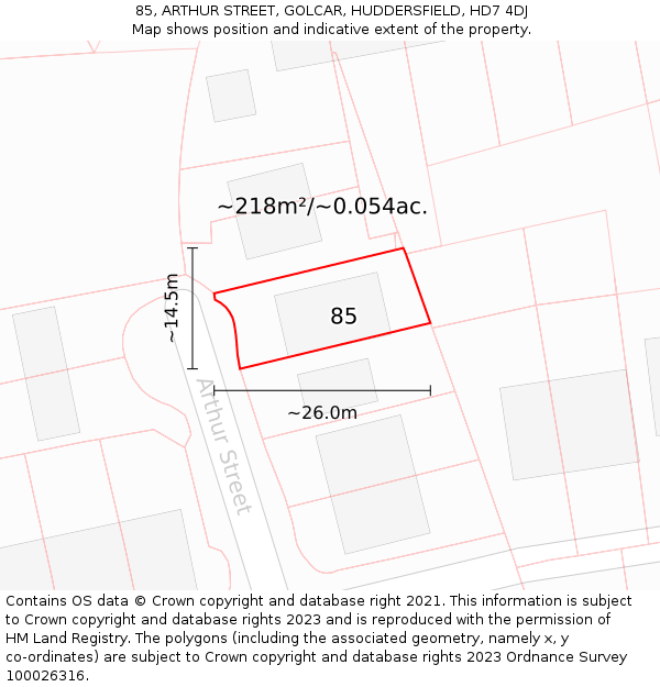 85, ARTHUR STREET, GOLCAR, HUDDERSFIELD, HD7 4DJ: Plot and title map