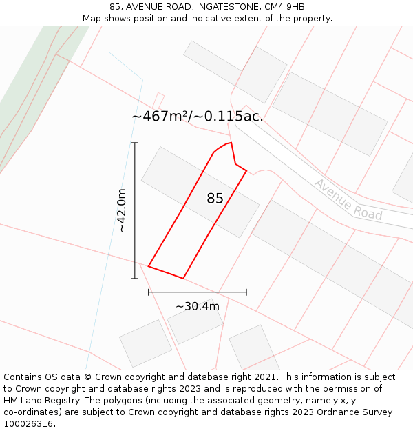 85, AVENUE ROAD, INGATESTONE, CM4 9HB: Plot and title map