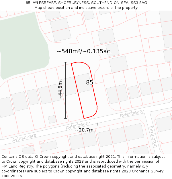 85, AYLESBEARE, SHOEBURYNESS, SOUTHEND-ON-SEA, SS3 8AG: Plot and title map