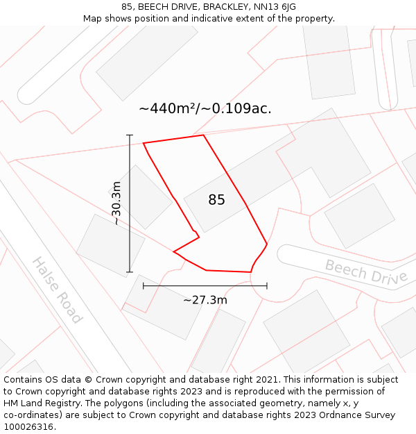 85, BEECH DRIVE, BRACKLEY, NN13 6JG: Plot and title map