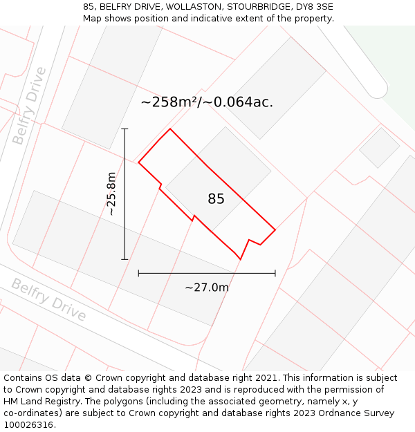 85, BELFRY DRIVE, WOLLASTON, STOURBRIDGE, DY8 3SE: Plot and title map