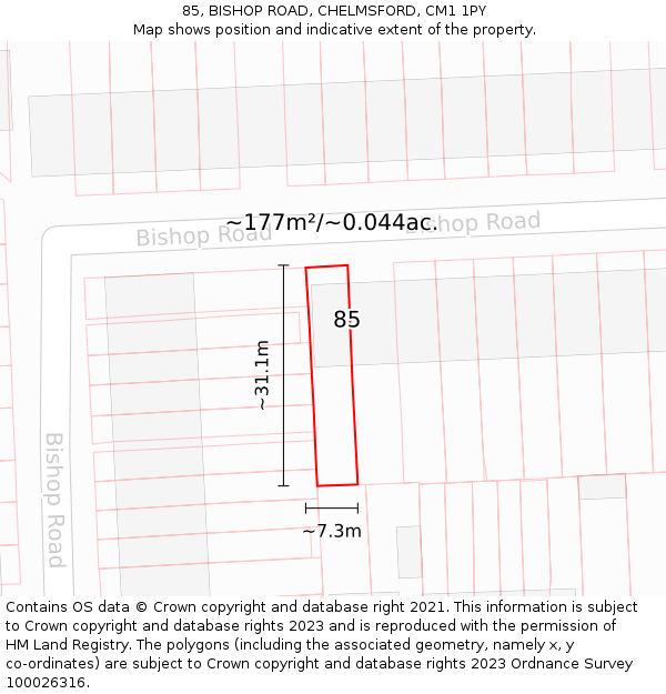 85, BISHOP ROAD, CHELMSFORD, CM1 1PY: Plot and title map