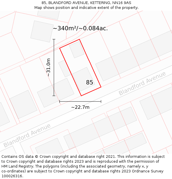 85, BLANDFORD AVENUE, KETTERING, NN16 9AS: Plot and title map