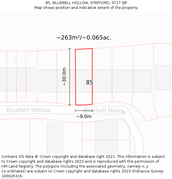 85, BLUEBELL HOLLOW, STAFFORD, ST17 0JP: Plot and title map