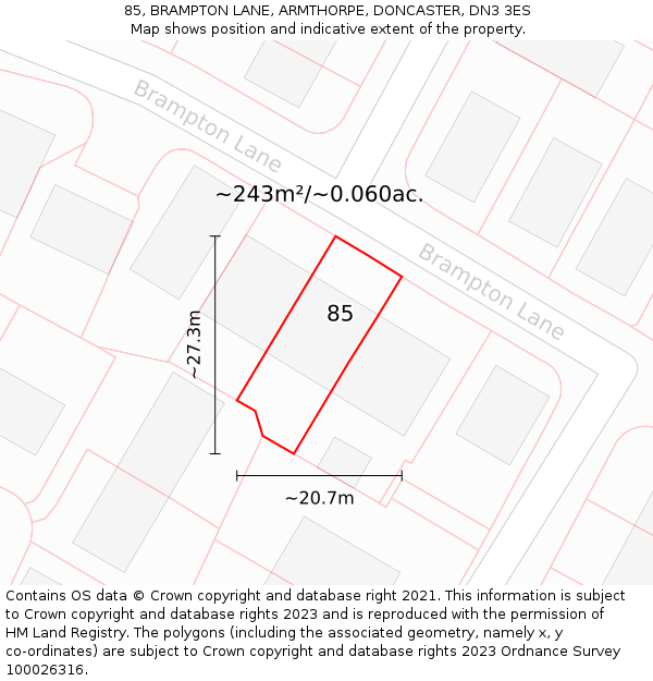 85, BRAMPTON LANE, ARMTHORPE, DONCASTER, DN3 3ES: Plot and title map